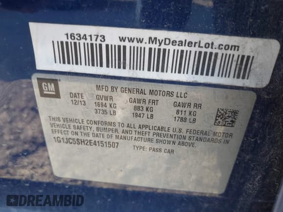 ✅ 2014 Chevrolet Sonic LT • VIN: 1G1JC5SH2E4151507 • Lot: 43611838. Listed on IAAI with 97,460 mi. Free auction sales archive from the USA and detailed vehicle history report at DreamBid. Image 9.