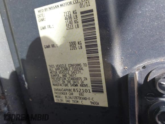 ✅ 2011 Nissan Maxima SV • VIN: 1N4AA5APXBC852101 • Lot: 43188577. Listed on IAAI with 190,929 mi. Free auction sales archive from the USA and detailed vehicle history report at DreamBid. Image 9.