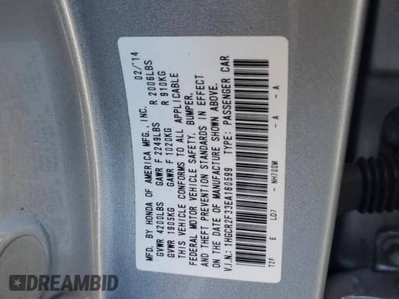 2014 Honda Accord LX with VIN 1HGCR2F33EA160599, listed as a Copart auction lot 90935305 with 231,664 mi miles and Clean title. Bid and sale history available at DreamBid. Image 12.