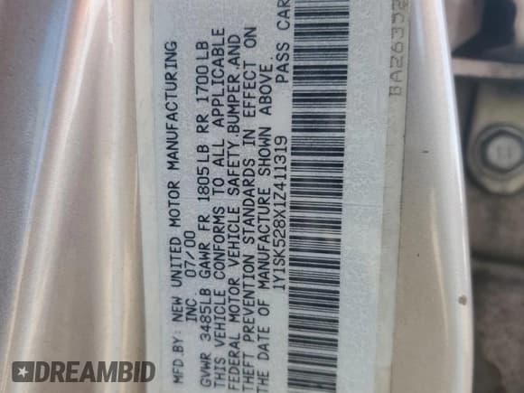 ✅ 2001 Chevrolet Prizm • VIN: 1Y1SK528X1Z411319 • Lot: 56176625. Listed on Copart with 174,618 mi. Free auction sales archive from the USA and detailed vehicle history report at DreamBid. Image 12.