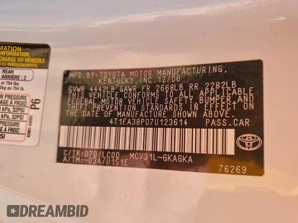 ✅ 2007 Toyota Solara SLE • VIN: 4T1FA38P07U123614 • Lot: 95517885. Wystawiony na Copart z przebiegiem 142 480 mil. Bezpłatny archiwum sprzedaży aukcyjnych z USA i szczegółowy raport historii pojazdu na DreamBid. Zdjęcie 12.