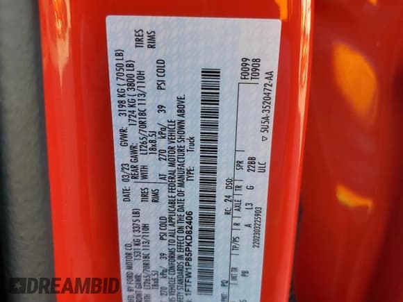 ✅ 2023 Ford F-150 • VIN: 1FTFW1P85PKD82406 • Лот: 84744944. Опубликован ранее на Copart с пробегом 32 982 миль. Бесплатный доступ к архиву аукционных продаж из США и подробный отчёт об истории автомобиля на DreamBid. Изображение 12.