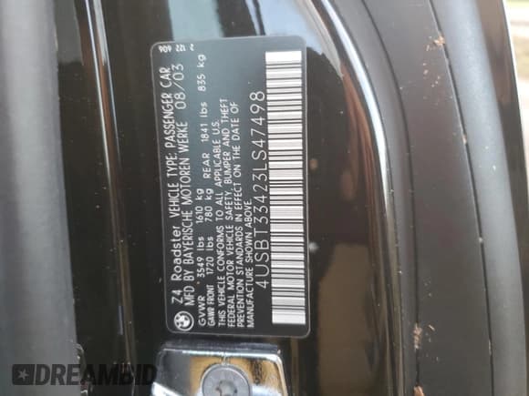 ✅ 2003 BMW Z4 2.5i • VIN: 4USBT33423LS47498 • Lot: 75129264. Listed on Copart with 65,843 mi. Free auction sales archive from the USA and detailed vehicle history report at DreamBid. Image 13.