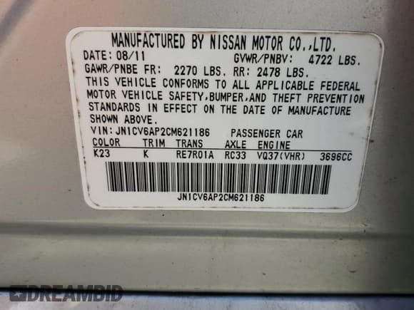 ✅ 2012 Infiniti G37 Journey • VIN: JN1CV6AP2CM621186 • Lot: 84783485. Listed on Copart with Not provided. Free auction sales archive from the USA and detailed vehicle history report at DreamBid. Image 13.