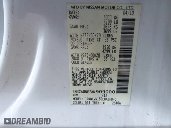 ✅ 2010 Infiniti QX56 • VIN: 5N3ZA0NE7AN909000 • Lot: 42044598. Listed on IAAI with 284,698 mi. Free auction sales archive from the USA and detailed vehicle history report at DreamBid. Image 9.