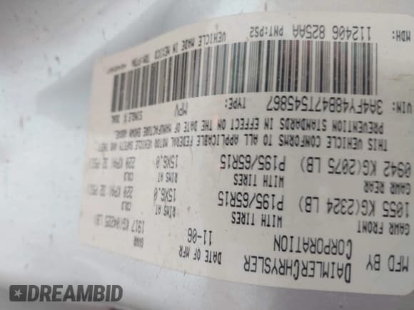 ✅ 2007 Chrysler PT Cruiser • VIN: 3A4FY48B47T545867 • Lot: 42846525. Listed on IAAI with 142,159 mi. Free auction sales archive from the USA and detailed vehicle history report at DreamBid. Image 9.