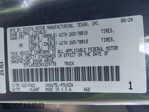 ✅ 2024 Toyota Tundra SR5 • VIN: 5TFLA5DB3RX229778 • Lot: 43539341. Wystawiony na IAAI z przebiegiem 14 874 mil. Bezpłatny archiwum sprzedaży aukcyjnych z USA i szczegółowy raport historii pojazdu na DreamBid. Zdjęcie 9.