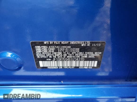 ✅ 2014 Subaru WRX WRX • VIN: JF1GR7E64EG234270 • Lot: 67217705. Listed on Copart with 70,520 mi. Free auction sales archive from the USA and detailed vehicle history report at DreamBid. Image 12.