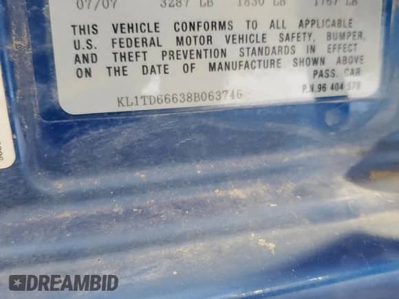 2008 Chevrolet Aveo LS с VIN KL1TD66638B063746, выставлен на аукционе Copart как лот 80728824 с пробегом Не указан миль и Списание • Salvage title. История ставок и продаж доступна на DreamBid. Изображение 13.