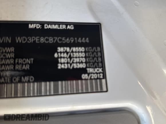 ✅ 2012 Mercedes-Benz Sprinter Cargo • VIN: WD3PE8CB7C5691444 • Lot: 63653745. Wystawiony na Copart z przebiegiem 155 303 mil. Bezpłatny archiwum sprzedaży aukcyjnych z USA i szczegółowy raport historii pojazdu na DreamBid. Zdjęcie 10.