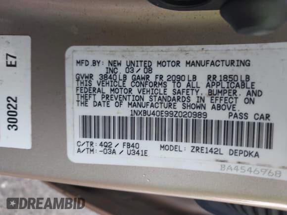 ✅ 2009 Toyota Corolla LE • VIN: 1NXBU40E99Z020989 • Lot: 43728473. Listed on IAAI with 228,636 mi. Free auction sales archive from the USA and detailed vehicle history report at DreamBid. Image 9.