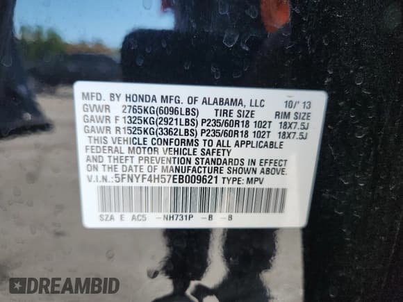 ✅ 2014 Honda Pilot EX-L • VIN: 5FNYF4H57EB009621 • Lot: 70895625. Listed on Copart with 184,042 mi. Free auction sales archive from the USA and detailed vehicle history report at DreamBid. Image 13.