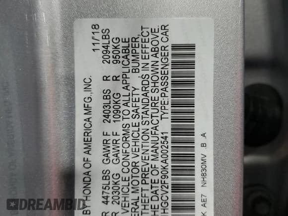 ✅ 2019 Honda Accord Touring • VIN: 1HGCV2F90KA002541 • Lot: 92100865. Listed on Copart with 48,835 mi. Free auction sales archive from the USA and detailed vehicle history report at DreamBid. Image 13.