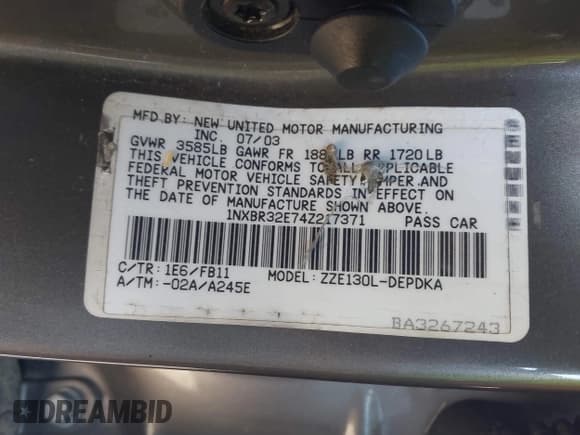 ✅ 2004 Toyota Corolla CE • VIN: 1NXBR32E74Z217371 • Lot: 43856984. Listed on IAAI with Not provided. Free auction sales archive from the USA and detailed vehicle history report at DreamBid. Image 9.