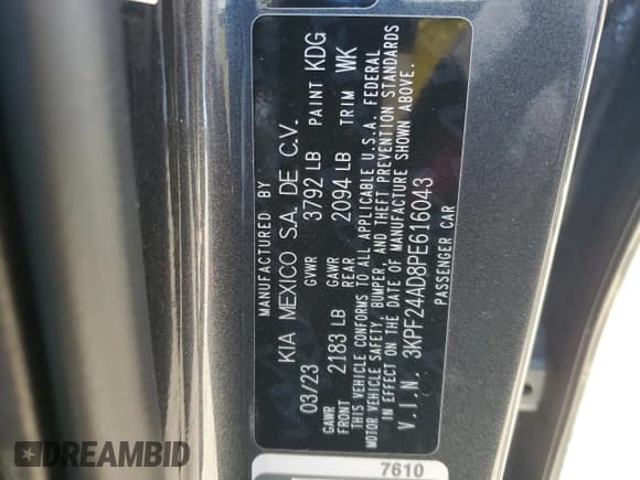 ✅ 2023 Kia Forte LXS • VIN: 3KPF24AD8PE616043 • Lot: 86551035. Listed on Copart with 46,655 mi. Free auction sales archive from the USA and detailed vehicle history report at DreamBid. Image 12.