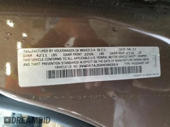 ✅ 2011 Volkswagen Jetta SE • VIN: 3VWDX7AJ6BM380259 • Lot: 57302255. Listed on Copart with 97,814 mi. Free auction sales archive from the USA and detailed vehicle history report at DreamBid. Image 12.