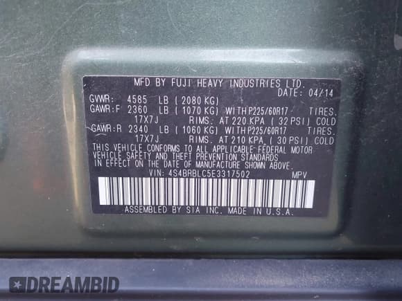 ✅ 2014 Subaru Outback Limited • VIN: 4S4BRBLC5E3317502 • Lot: 43602565. Listed on IAAI with 121,290 mi. Free auction sales archive from the USA and detailed vehicle history report at DreamBid. Image 9.