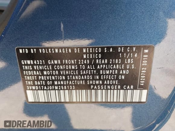 ✅ 2015 Volkswagen Jetta SE • VIN: 3VWD17AJ0FM258133 • Lot: 42191943. Listed on IAAI with 105,888 mi. Free auction sales archive from the USA and detailed vehicle history report at DreamBid. Image 9.