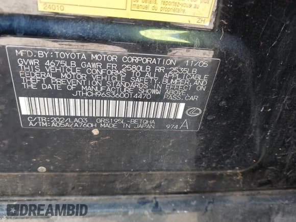 ✅ 2006 Lexus GS 300 • VIN: JTHCH96S360014470 • Lot: 42762346. Listed on IAAI with 245,043 mi. Free auction sales archive from the USA and detailed vehicle history report at DreamBid. Image 9.