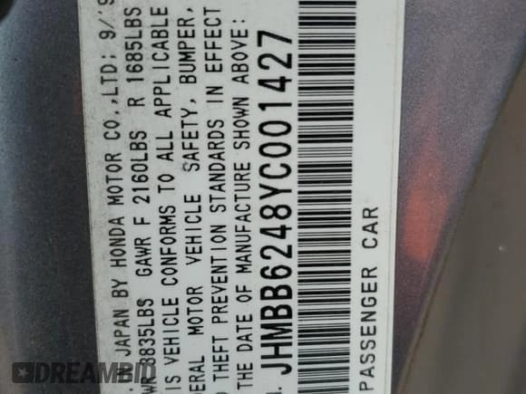 ✅ 2000 Honda Prelude • VIN: JHMBB6248YC001427 • Лот: 54741395. Опубликован ранее на Copart с пробегом 198 557 миль. Бесплатный доступ к архиву аукционных продаж из США и подробный отчёт об истории автомобиля на DreamBid. Изображение 13.