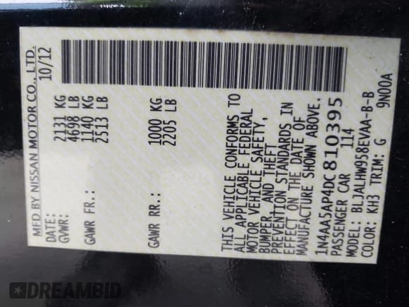 ✅ 2013 Nissan Maxima S • VIN: 1N4AA5AP4DC810395 • Lot: 43870495. Listed on IAAI with 173,066 mi. Free auction sales archive from the USA and detailed vehicle history report at DreamBid. Image 9.