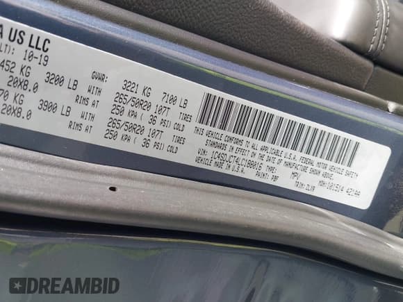 ✅ 2020 Dodge Durango R/T • VIN: 1C4SDJCT4LC188016 • Lot: 43294655. Listed on IAAI with 60,046 mi. Free auction sales archive from the USA and detailed vehicle history report at DreamBid. Image 9.