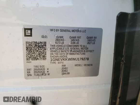 2021 Chevrolet Traverse Premier с VIN 1GNEVKKW0MJ179278, выставлен на аукционе Copart как лот 84952265 с пробегом 76 251 миль миль и Списание • Salvage title. История ставок и продаж доступна на DreamBid. Изображение 14.