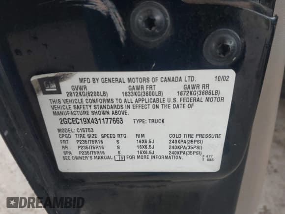 ✅ 2003 Chevrolet Silverado 1500 Work Truck • VIN: 2GCEC19X431177663 • Lot: 43725536. Listed on IAAI with 159,392 mi. Free auction sales archive from the USA and detailed vehicle history report at DreamBid. Image 9.