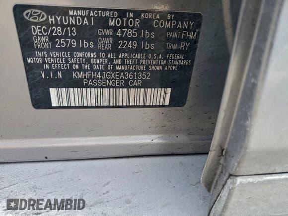 ✅ 2014 Hyundai Azera Limited • VIN: KMHFH4JGXEA361352 • Lot: 95309025. Listed on Copart with 233,140 mi. Free auction sales archive from the USA and detailed vehicle history report at DreamBid. Image 12.