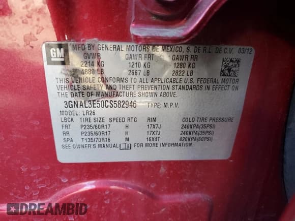 ✅ 2012 Chevrolet Captiva Sport LT • VIN: 3GNAL3E50CS582946 • Lot: 83597344. Wystawiony na Copart z przebiegiem 128 325 mil. Bezpłatny archiwum sprzedaży aukcyjnych z USA i szczegółowy raport historii pojazdu na DreamBid. Zdjęcie 15.