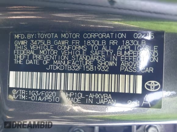 ✅ 2015 Toyota Prius Four • VIN: JTDKDTB32F1581932 • Lot: 43411071. Listed on IAAI with 196,592 mi. Free auction sales archive from the USA and detailed vehicle history report at DreamBid. Image 9.