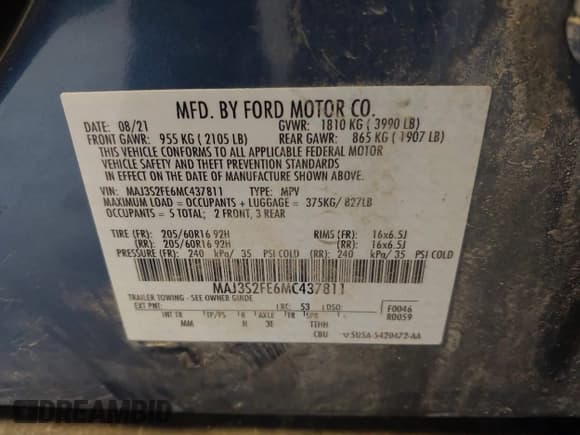 ✅ 2021 Ford EcoSport S • VIN: MAJ3S2FE6MC437811 • Лот: 43572704. Опубликован ранее на IAAI с пробегом 43 610 миль. Бесплатный доступ к архиву аукционных продаж из США и подробный отчёт об истории автомобиля на DreamBid. Изображение 9.