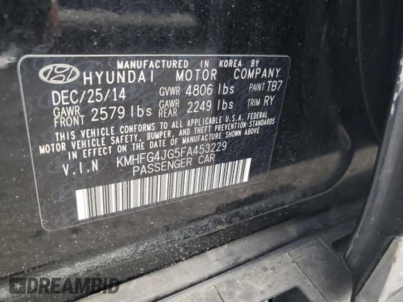 ✅ 2015 Hyundai Azera • VIN: KMHFG4JG5FA453229 • Лот: 51498275. Опубликован ранее на Copart с пробегом Не указан. Бесплатный доступ к архиву аукционных продаж из США и подробный отчёт об истории автомобиля на DreamBid. Изображение 12.