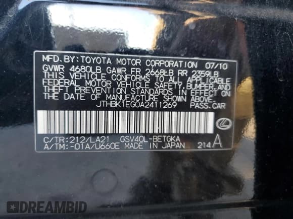 ✅ 2010 Lexus ES 330 • VIN: JTHBK1EG0A2411269 • Лот: 86257495. Опубликован ранее на Copart с пробегом 186 791 миль. Бесплатный доступ к архиву аукционных продаж из США и подробный отчёт об истории автомобиля на DreamBid. Изображение 13.