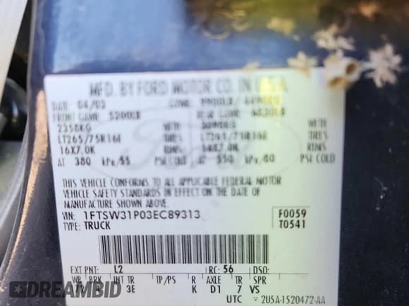 ✅ 2003 Ford F-350 XL • VIN: 1FTSW31P03EC89313 • Лот: 81652445. Опубликован ранее на Copart с пробегом 139 673 миль. Бесплатный доступ к архиву аукционных продаж из США и подробный отчёт об истории автомобиля на DreamBid. Изображение 12.