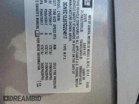 ✅ 2007 Chevrolet Avalanche 2LT • VIN: 3GNEC12J07G224617 • Lot: 55960925. Listed on Copart with 244,565 mi. Free auction sales archive from the USA and detailed vehicle history report at DreamBid. Image 13.