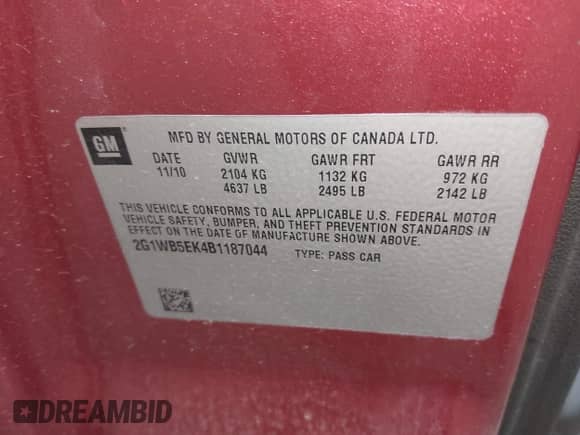 2011 Chevrolet Impala LT Retail с VIN 2G1WB5EK4B1187044, выставлен на аукционе IAAI как лот 42560090 с пробегом 95 633 миль миль и . История ставок и продаж доступна на DreamBid. Изображение 9.