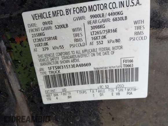 ✅ 2003 Ford F-350 XL • VIN: 1FTSW31S13EA48669 • Lot: 43638402. Listed on IAAI with 116,999 mi. Free auction sales archive from the USA and detailed vehicle history report at DreamBid. Image 9.