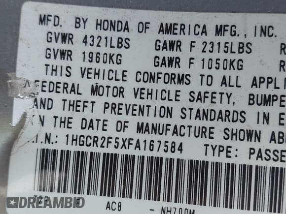 ✅ 2015 Honda Accord Sport • VIN: 1HGCR2F5XFA167584 • Lot: 43059462. Listed on IAAI with 185,685 mi. Free auction sales archive from the USA and detailed vehicle history report at DreamBid. Image 9.