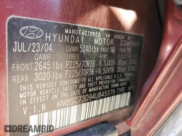 2004 Hyundai Santa Fe GLS с VIN KM8SC73D94U845379, выставлен на аукционе Copart как лот 48625095 с пробегом 132 844 миль миль и Списание • Salvage title. История ставок и продаж доступна на DreamBid. Изображение 12.