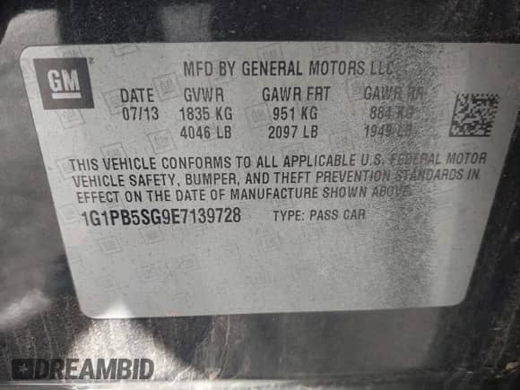 2014 Chevrolet Cruze LS с VIN 1G1PB5SG9E7139728, выставлен на аукционе IAAI как лот 43228919 с пробегом 177 811 миль миль и . История ставок и продаж доступна на DreamBid. Изображение 9.