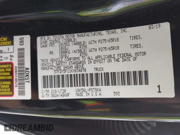 ✅ 2019 Toyota Tundra SR5 • VIN: 5TFDY5F11KX834070 • Lot: 42030923. Wystawiony na IAAI z przebiegiem 123 333 mil. Bezpłatny archiwum sprzedaży aukcyjnych z USA i szczegółowy raport historii pojazdu na DreamBid. Zdjęcie 9.