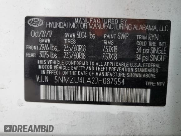 ✅ 2018 Hyundai Santa Fe 2.0T • VIN: 5NMZU4LA2JH087554 • Лот: 46006814. Опубликован ранее на Copart с пробегом 119 070 миль. Бесплатный доступ к архиву аукционных продаж из США и подробный отчёт об истории автомобиля на DreamBid. Изображение 14.