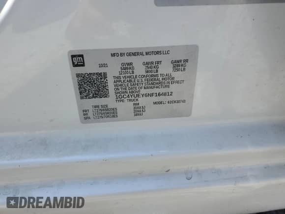 2022 Chevrolet Silverado 3500HD LTZ с VIN 1GC4YUEY6NF164812, выставлен на аукционе Copart как лот 54371865 с пробегом Не указан миль и Списание • Salvage title. История ставок и продаж доступна на DreamBid. Изображение 12.