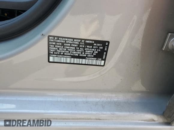 ✅ 2012 Volkswagen Passat SE • VIN: 1VWBP7A35CC002641 • Lot: 63715545. Listed on Copart with 127,159 mi. Free auction sales archive from the USA and detailed vehicle history report at DreamBid. Image 13.