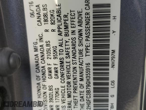 ✅ 2016 Honda Civic EX-L • VIN: 2HGFC3B79GH355916 • Лот: 63323795. Опубликован ранее на Copart с пробегом 152 008 миль. Бесплатный доступ к архиву аукционных продаж из США и подробный отчёт об истории автомобиля на DreamBid. Изображение 12.