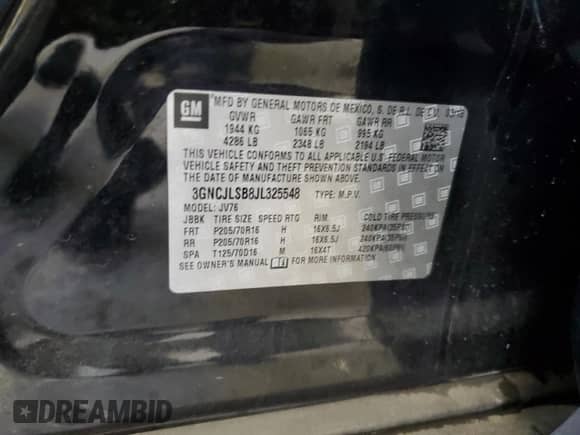 2018 Chevrolet Trax LT с VIN 3GNCJLSB8JL325548, выставлен на аукционе Copart как лот 84363175 с пробегом 88 301 миль миль и Списание • Salvage title. История ставок и продаж доступна на DreamBid. Изображение 14.