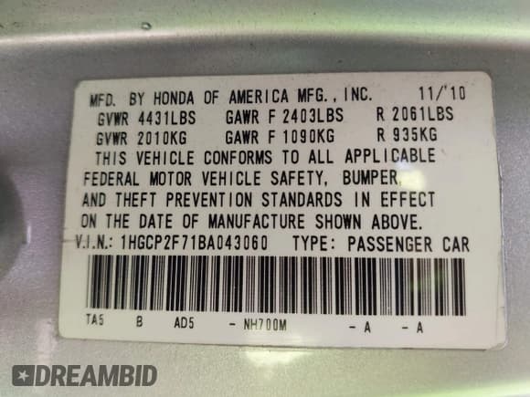 ✅ 2011 Honda Accord EX • VIN: 1HGCP2F71BA043060 • Лот: 43011854. Опубликован ранее на IAAI с пробегом 339 878 миль. Бесплатный доступ к архиву аукционных продаж из США и подробный отчёт об истории автомобиля на DreamBid. Изображение 9.