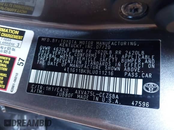 2020 Toyota Camry SE with VIN 4T1G11BK9LU011216, listed as a IAAI auction lot 42462310 with 64,376 mi miles and . Bid and sale history available at DreamBid. Image 9.