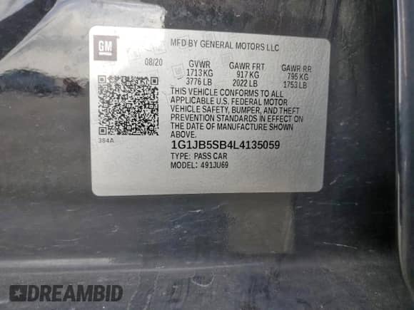 2020 Chevrolet Sonic LS с VIN 1G1JB5SB4L4135059, выставлен на аукционе Copart как лот 60516875 с пробегом 60 398 миль миль и Списание • Salvage title. История ставок и продаж доступна на DreamBid. Изображение 12.